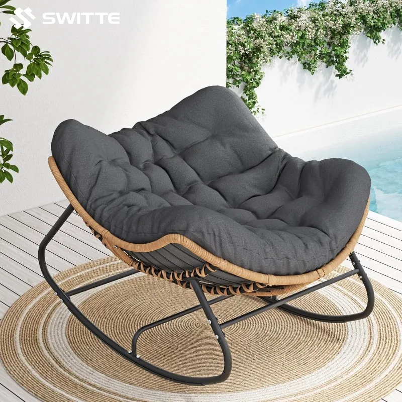 Outdoor Rocking Chair, Oversized Patio Rocker, Comfy Wicker Reading Lounge, Indoor Egg Chair for Bedroom, Living Room