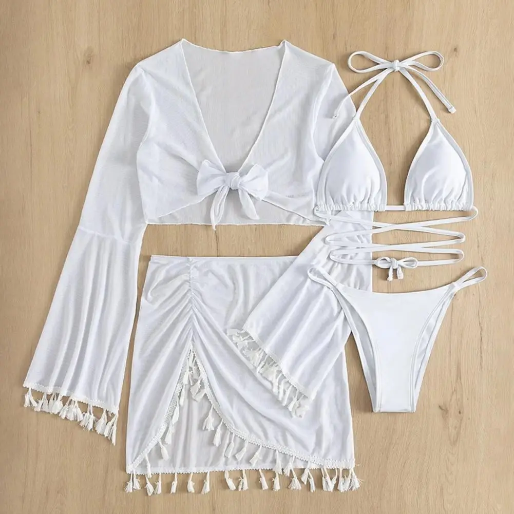 Women Tummy Control Beachwear 4pcs/set Lace Up Halter Triangle Bikini Swimsuit Cover Up Top with Skirt Sexy Swimwear for Female