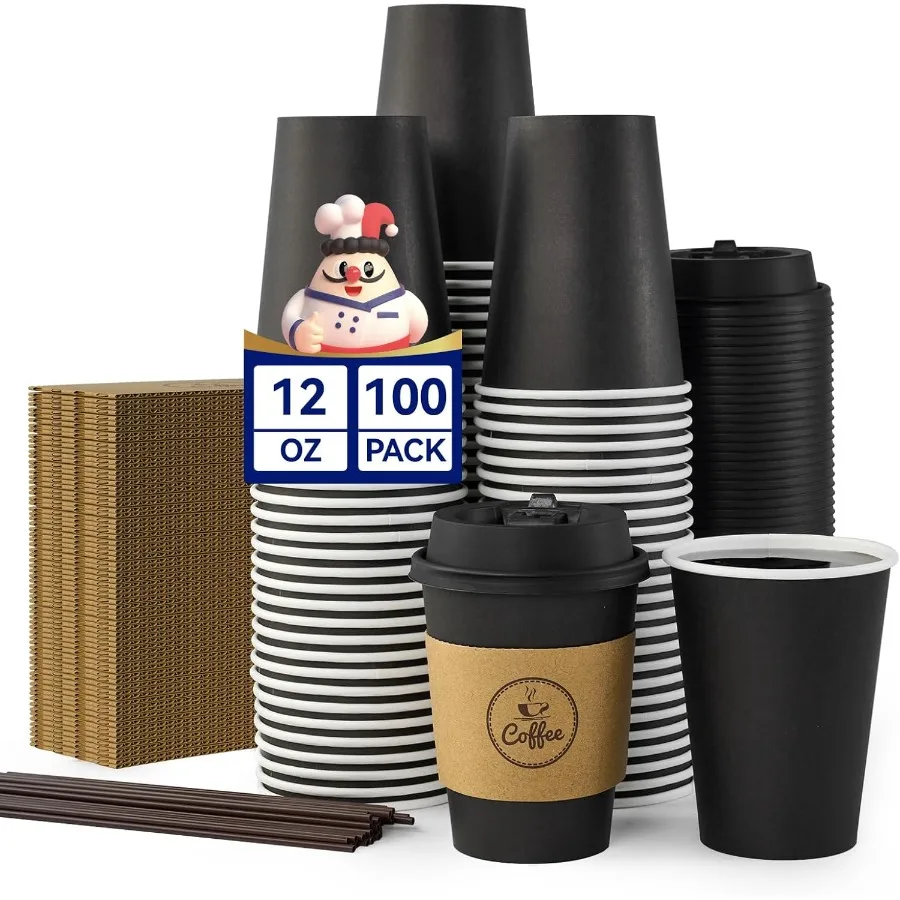 

100 Pack 12 oz Disposable Black Hot Paper Coffee Cups with Lids Sleeves and Stirrers for Use in Cafes Takeout Services and Home