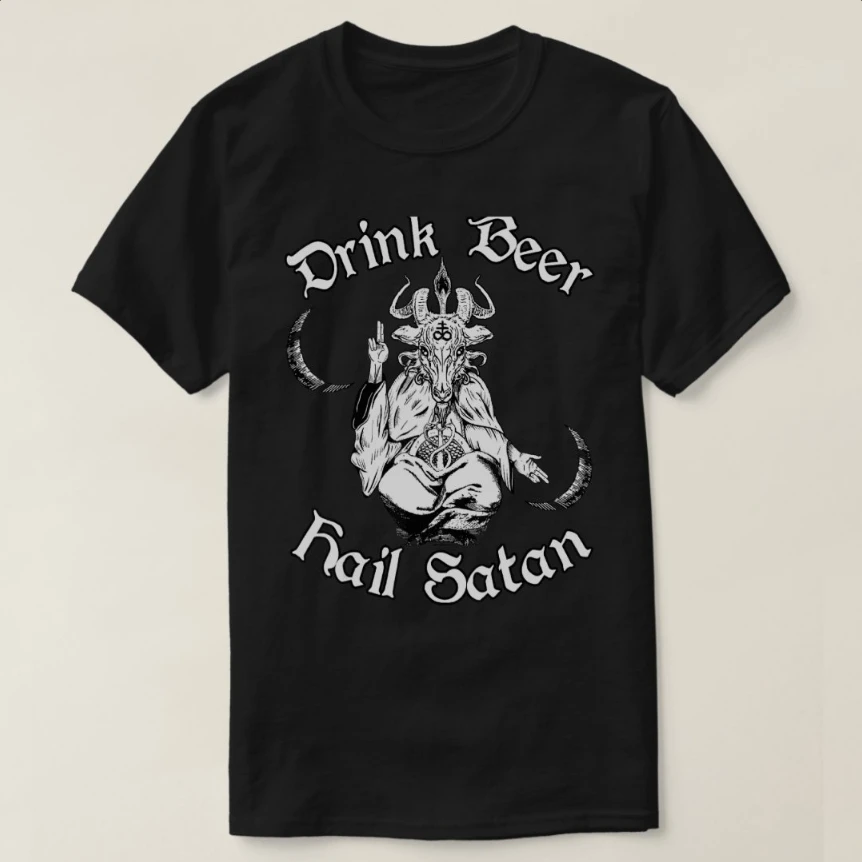 Occult Satanic Goth Baphomet Drink Beer Hail Satan T-Shirt 100% Cotton O-Neck Short Sleeve Summer Casual Mens T-shirt Streetwear