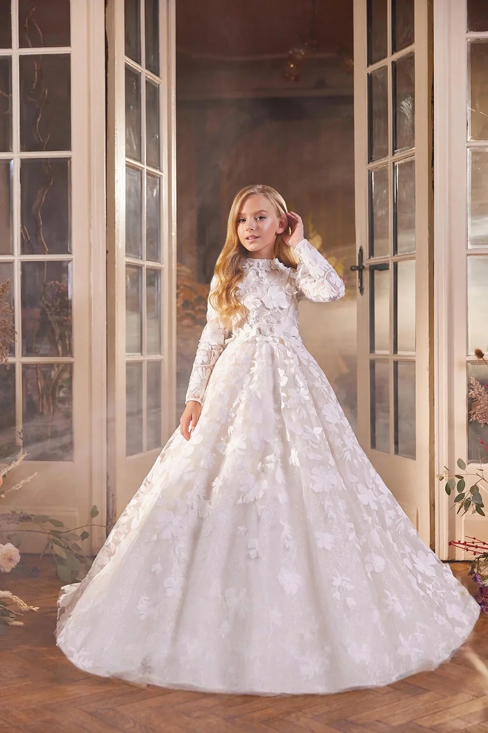 Custom JDY High Long Sleeve 3D Floral Tulle Trailing Flower Girl Dress Wedding Party Gown Birthday Pageant Dress فساتين اطفال