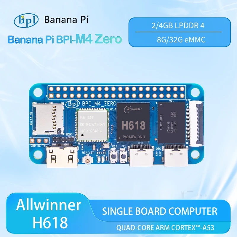 

Banana Pi BPI-M4 ZERO packs a powerful Allwinner H618 quad-core ARM Cortex-A53, dual-band WiFi, 4GB LPDDR4, and 32GB eMMC into o