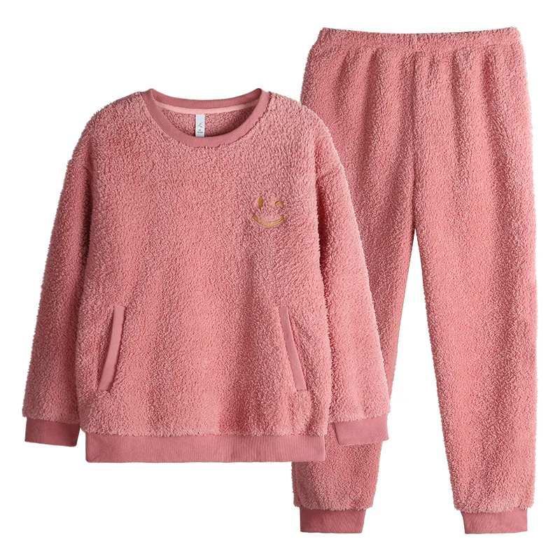 Autumn Winter Women Lambswool Pajamas Set O-neck Pullover Pajama Sleepwear Keep Warm Coral Fleece Pyjamas Female Home Clothing