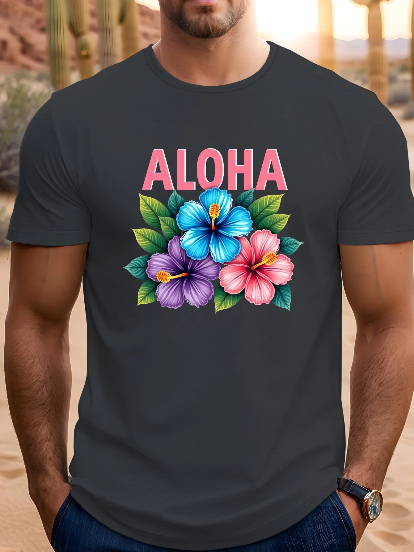 

Новая футболка-мужская футболкаALOHA с цветочным принтом гибискуса-черная футболка с короткими рукавами больших размеров с мятой текстурой, дышащая летняя футболка
