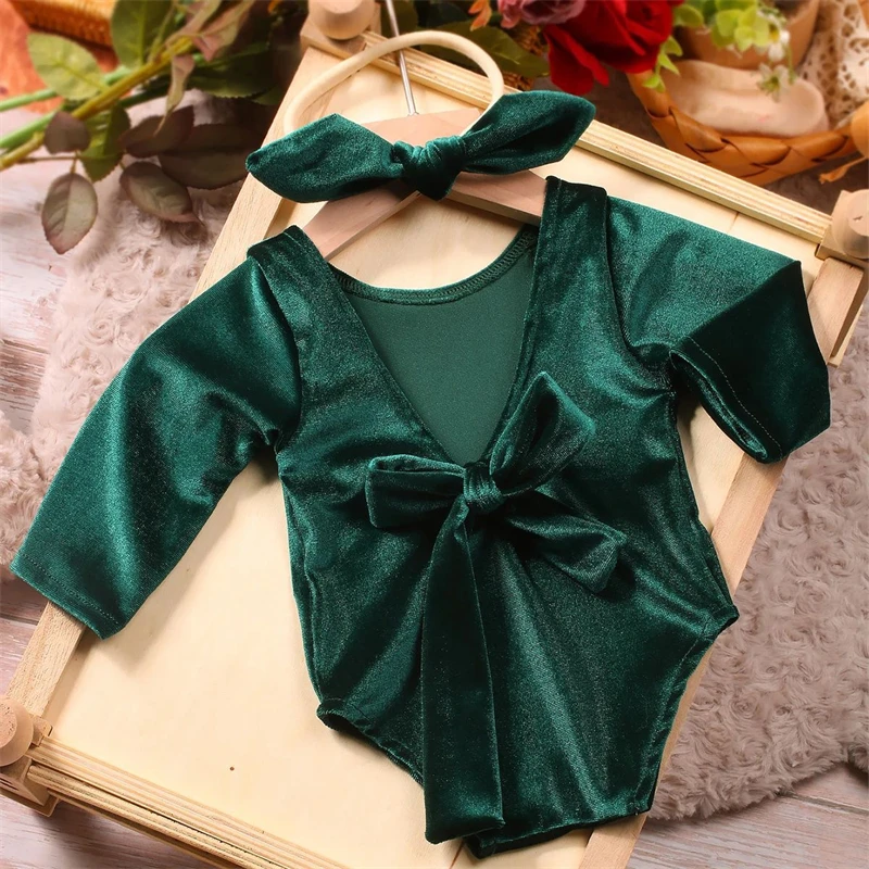 Newborn Baby Christmas Rompers Red Green Velvet Long Sleeve Bodysuit for Photography With Big Bow Headband Xmas Clothing Costume