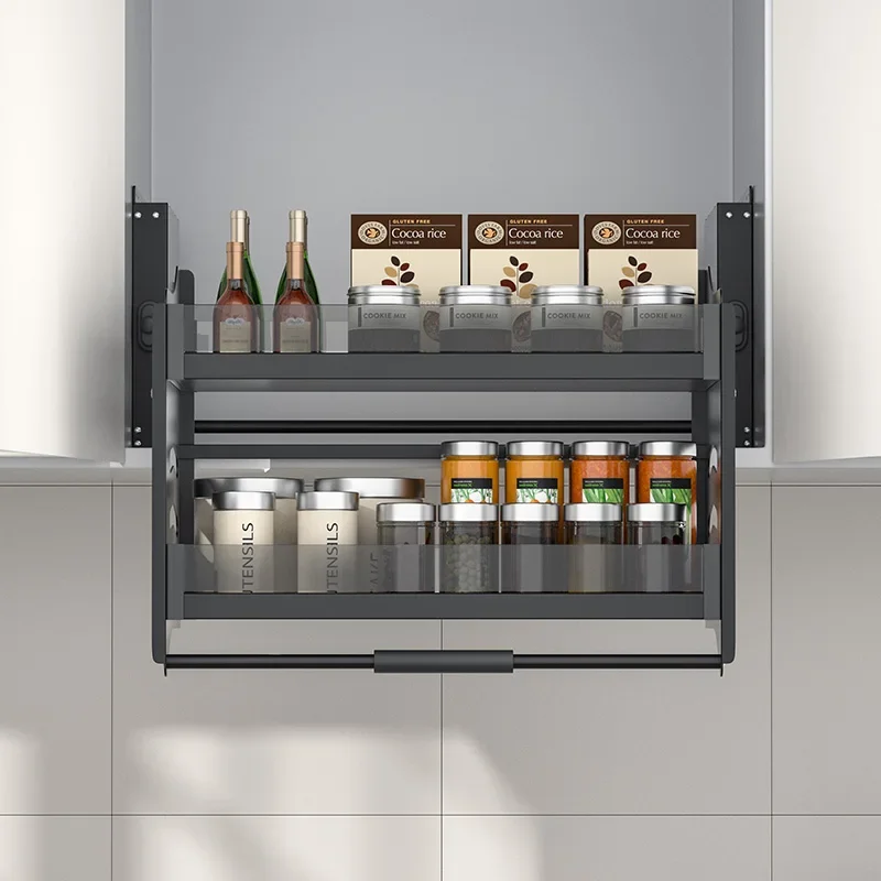 kitchen cabinet, pull-down seasoning and pulling basket, top cabinet, upper and lower buffering and telescopic storage rack