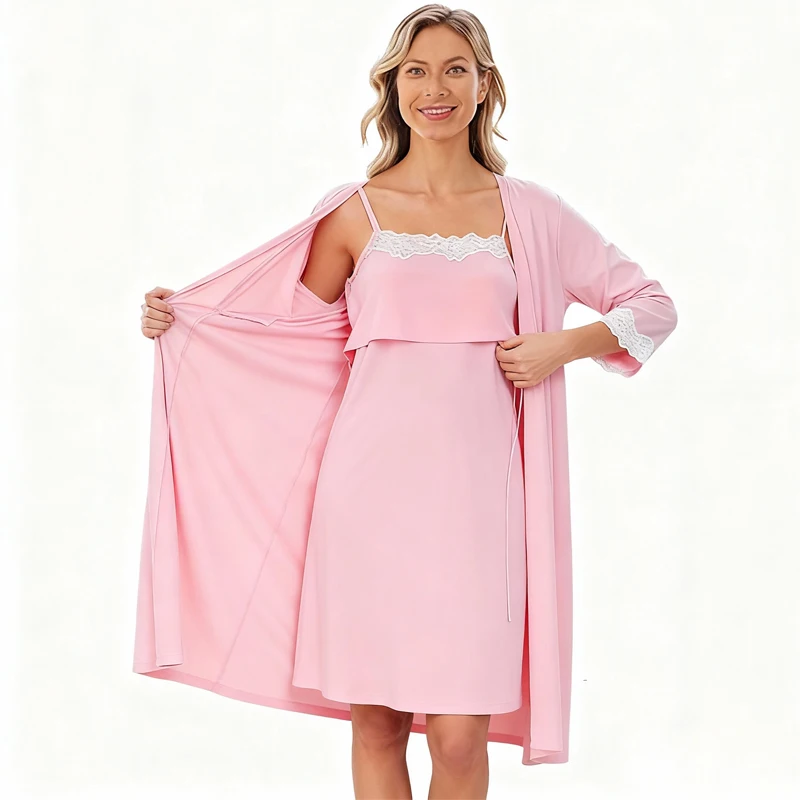 بعد الولادة الرضاعة الطبيعية فستان بكتافة + رداء 2 قطعة مجموعة الحمل منامة ملابس خاصة التمريض ملابس نوم المرأة الحامل Homewear #5