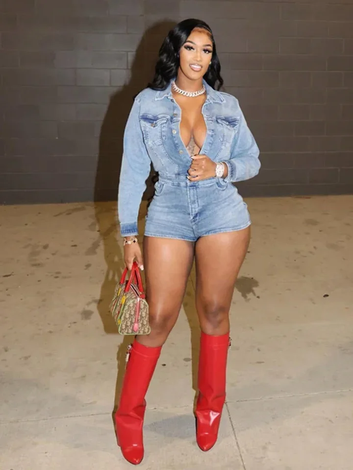 Mono vaquero elástico para mujer, pantalones cortos de una pieza de manga larga con solapa y un solo pecho, ropa de fiesta Vintage de calle a la moda