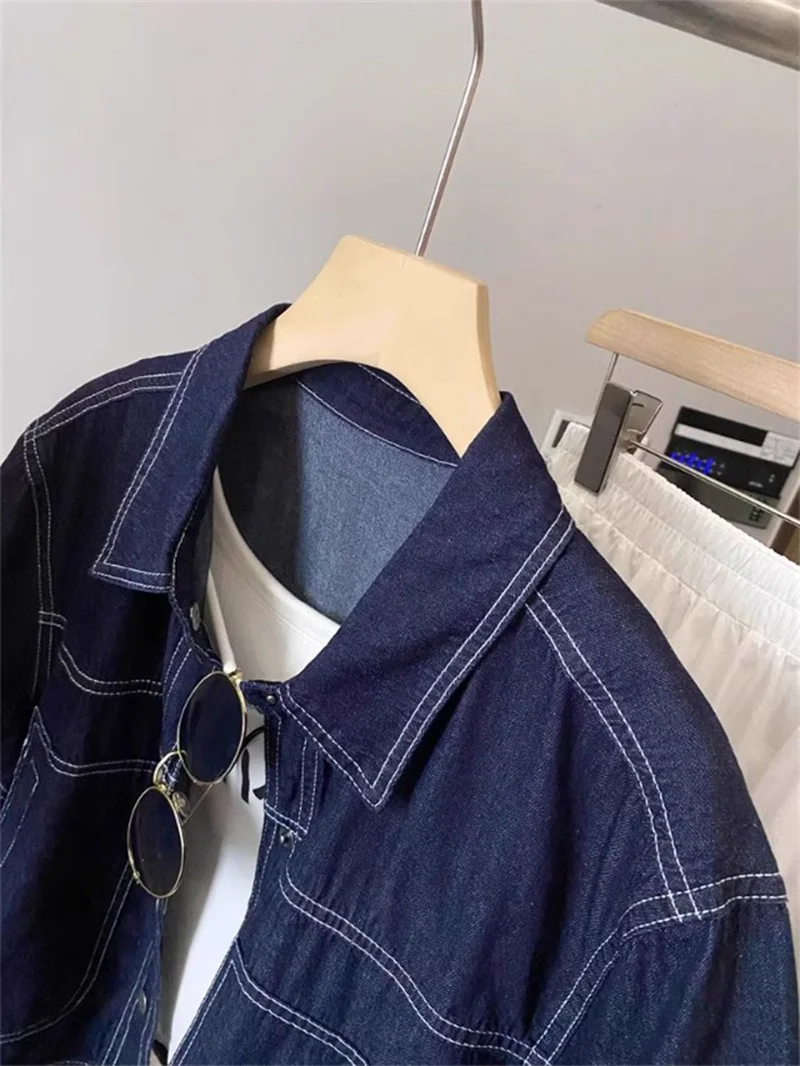 Deep Blue Retro Short Denim Shirts 2026 New Spring Summer Short Sleeved Loose Jeans Jacket Women Korean Versatile Outwear Tops
