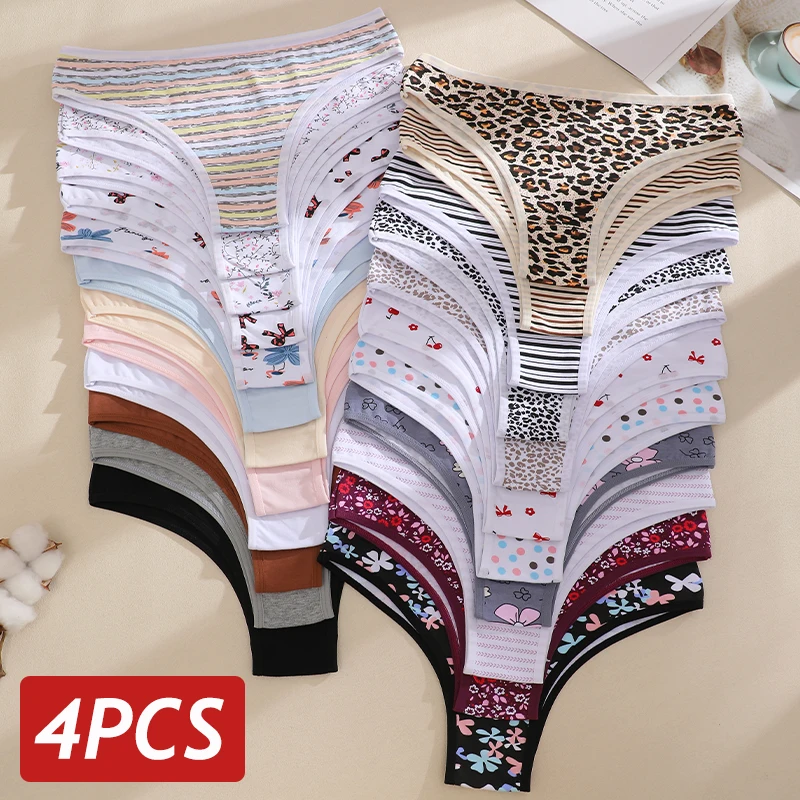 Conjunto de 4 peças de calcinhas brasileiras de algodão com estampa para mulheres, cintura baixa, estilo 23, roupa íntima macia e respirável, calcinhas de biquíni, lingerie feminina.
