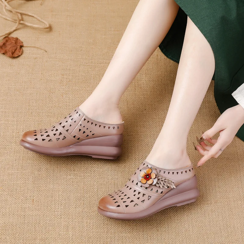 Women Flower Sandals Summer Comfort Platform Sandals Genuine Leather Hollow Out Increase Non-slip Fashion Black Women Shoes