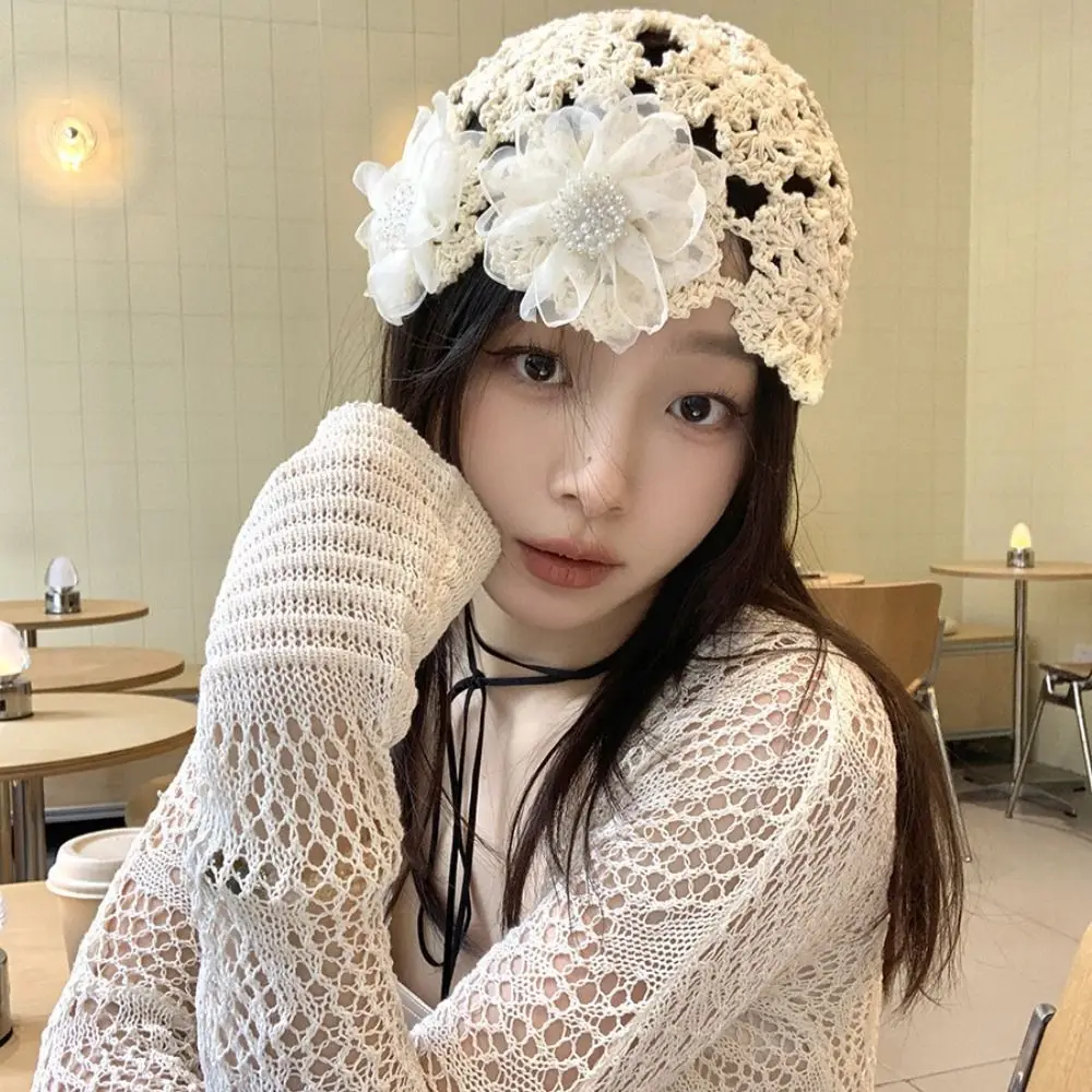 Breathable Hollowed Out Knitted Hat Flowers Handmade Beret Cap Casual Fashion Skullies Hat for Women