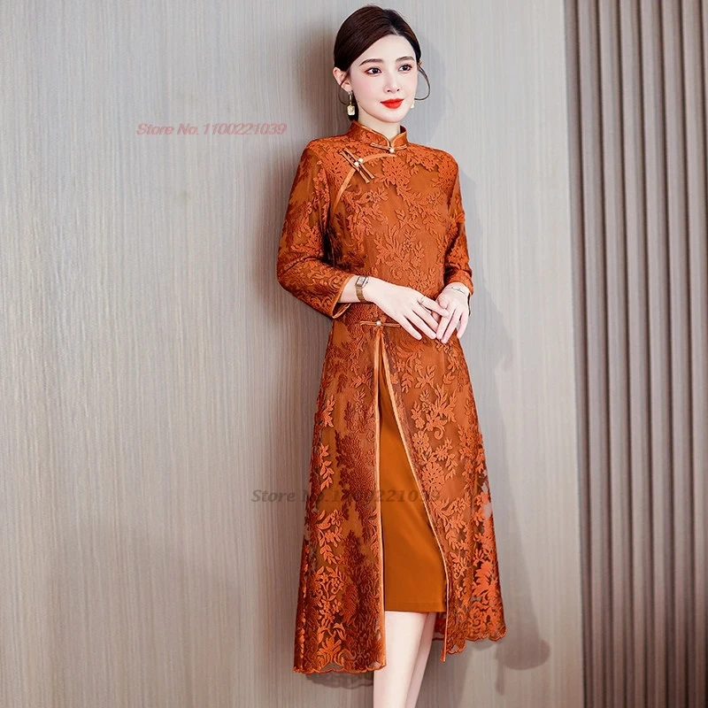 2026 vietnam traditional dress ao dai vintage lace flower improved cheongsam oriental stage qipao party banquet evening dress