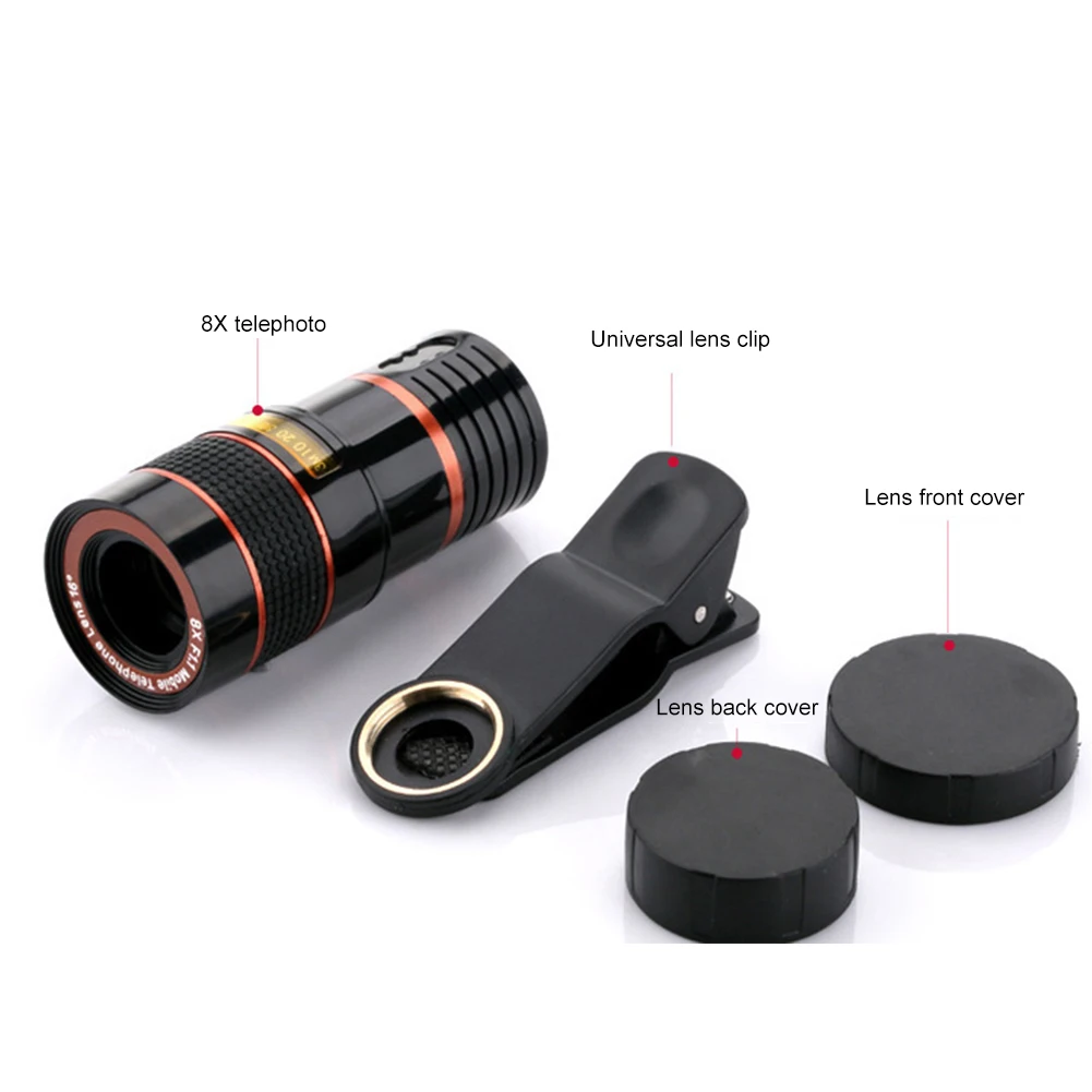 Clip-on Lens Black Shell 8x Cell Phone Camera Lens Adjustable Focal Length High Magnification for Watching Competitions Concerts