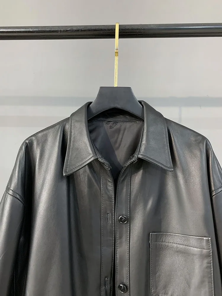 مكتب السيدات المرقعة اللون التلبيب سترة جلدية حقيقية فضفاضة واحدة الصدر جيب طويلة الأكمام ملابس خارجية من جلد الغنم