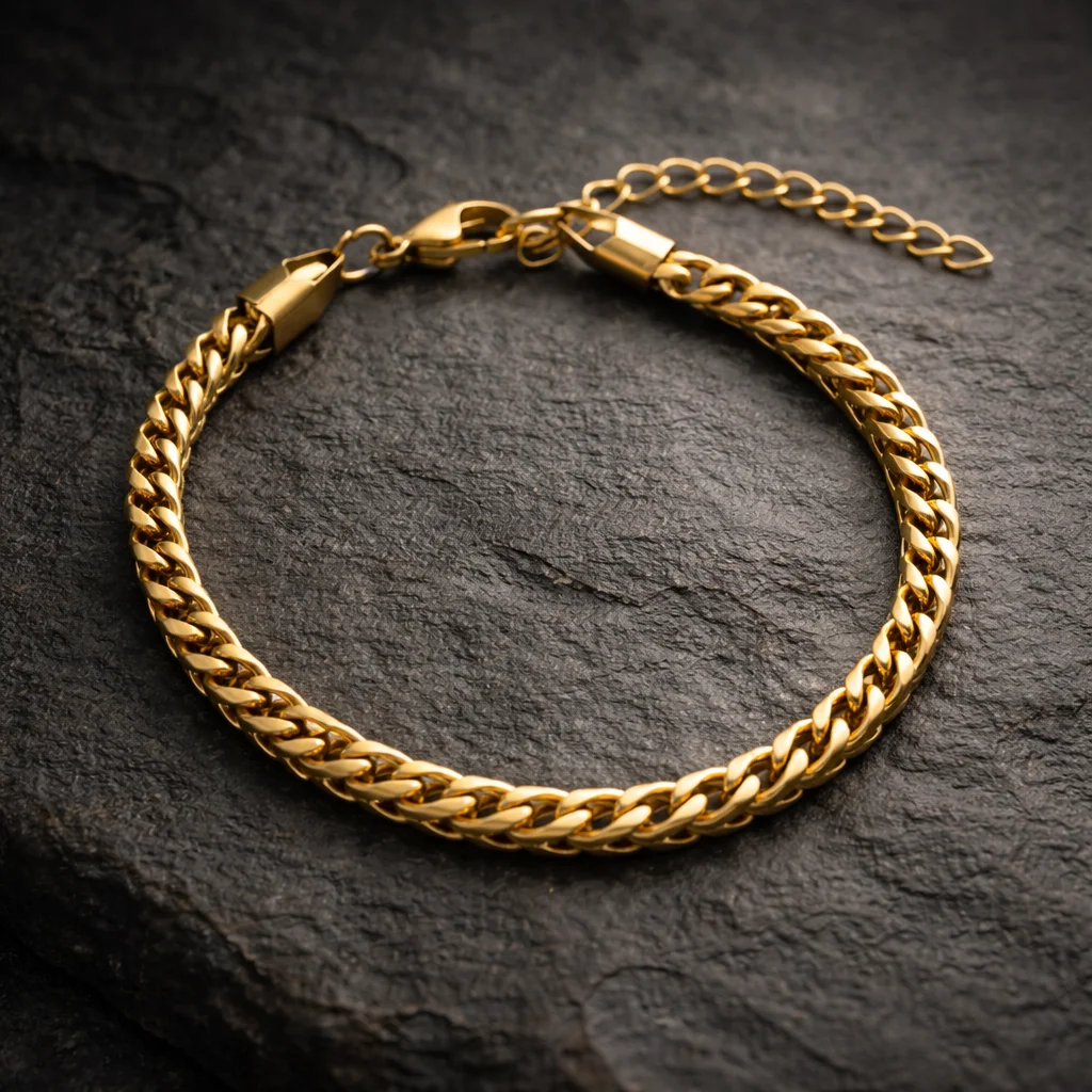 Vintage Gold Reversible Arc Edge Cuban Link Bracelet Adjustable Stainless Steel Classic Steel Tone with Extension Lobster Clasp