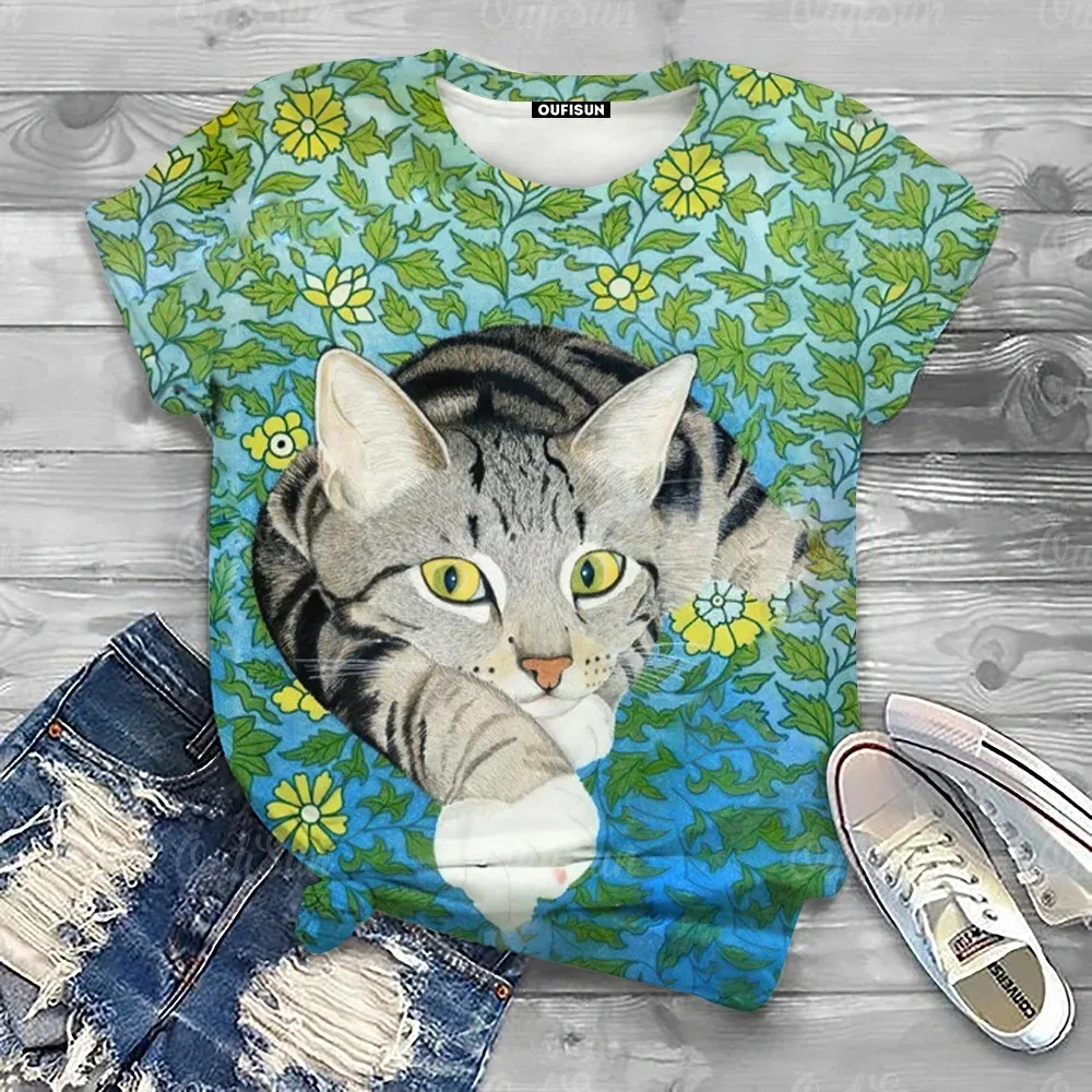 

Summer Vintage Cat Cartoon Women's T-shirt Printed Tees American Fashion Classic Oversized Short Sleeve Shirt Tops Lady Clothes