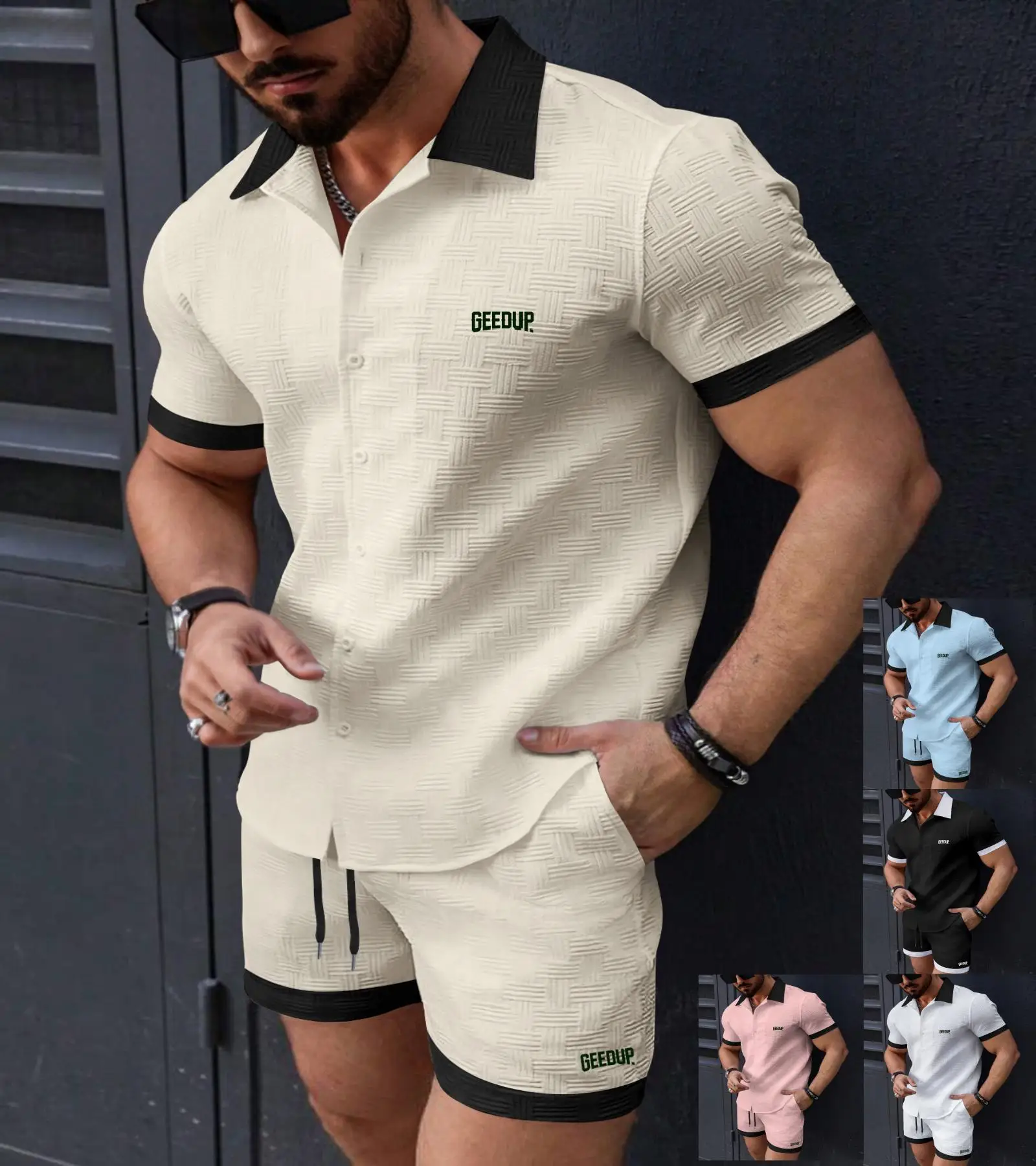 Men's Casual Two-Piece Set, new summer fashion classic lapel color matching shorts short sleeve loose Sports Beach Suit