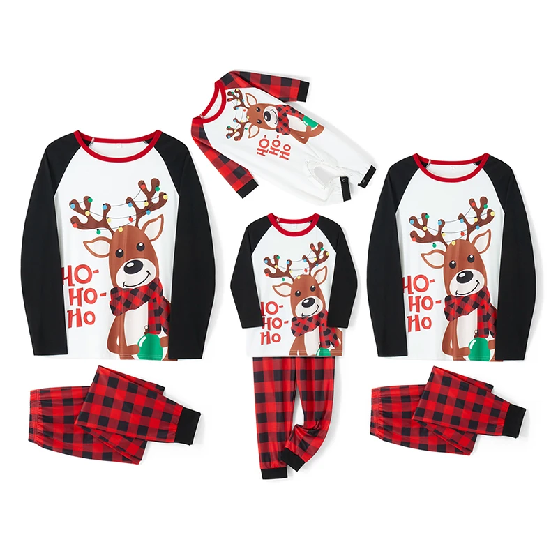 

Christmas Pajamas for Family Matching Red Plaid Sleepwear Set with Reindeer Print Tops and Bottoms