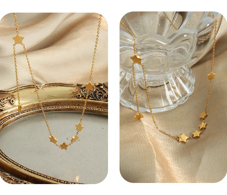 Edelstahl-Halsketten mit dünner Kette und Sternquaste für Damen, 18 Karat vergoldet, kein Anlaufen, Damen-Halskette mit mehreren Stern-Charms – Detail 5
