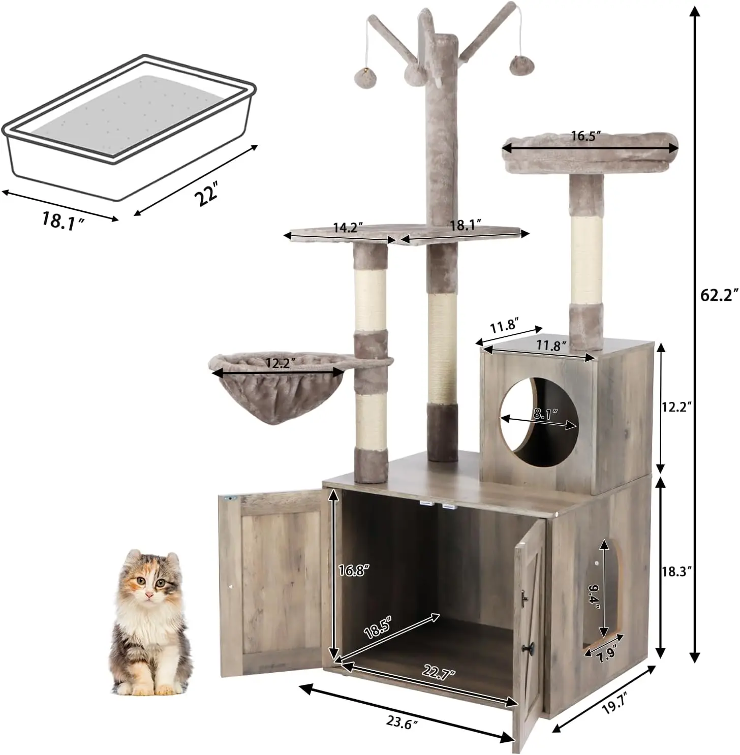 Casa de madera para gatos con torre de árbol para gatos, muebles con poste para rascar