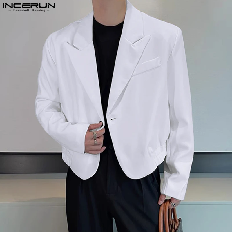 2023 Men Blazer Solid Color Lapel Long Sleeve One Button Korean Male Casual Suits Streetwear Fashion Crop Coats S-5XL INCERUN