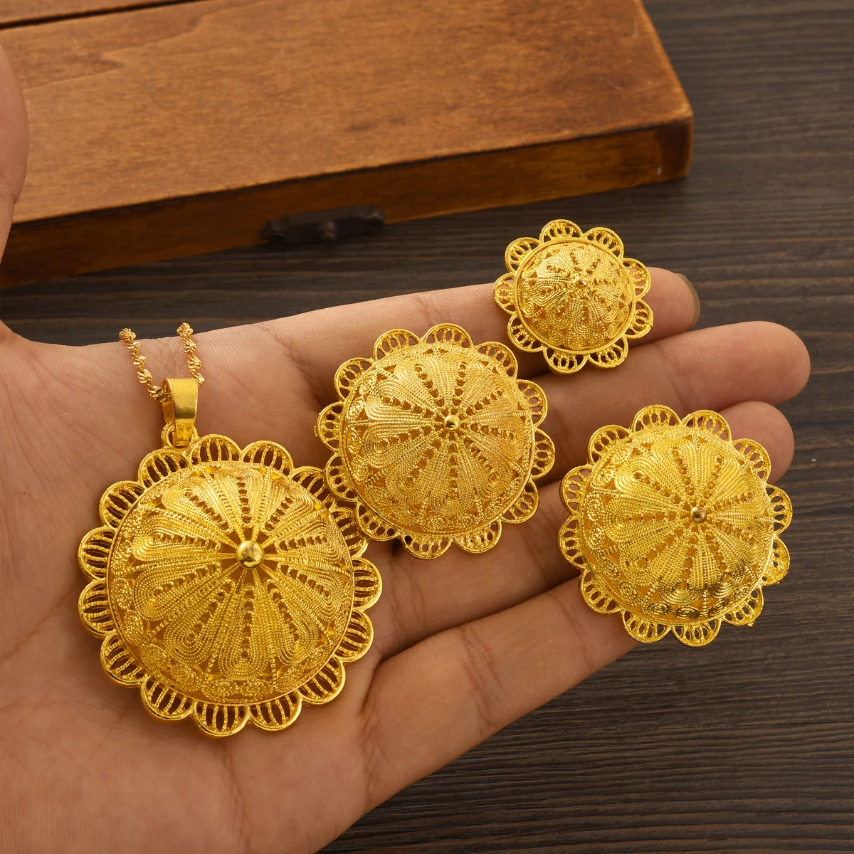 Ethiopian Gold Color Jewelry Set Pendant Earrings Rings Bridal Wedding Accessories Classic Ethnic Style Jewellery Gifts