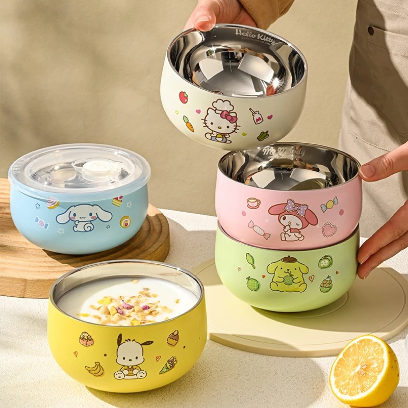 

Cartoon Sanrio Hello Kitty Stainless Steel Tableware Kuromi Student Noodle Bowl with Lid Household Portable Heat-proof Spoon New