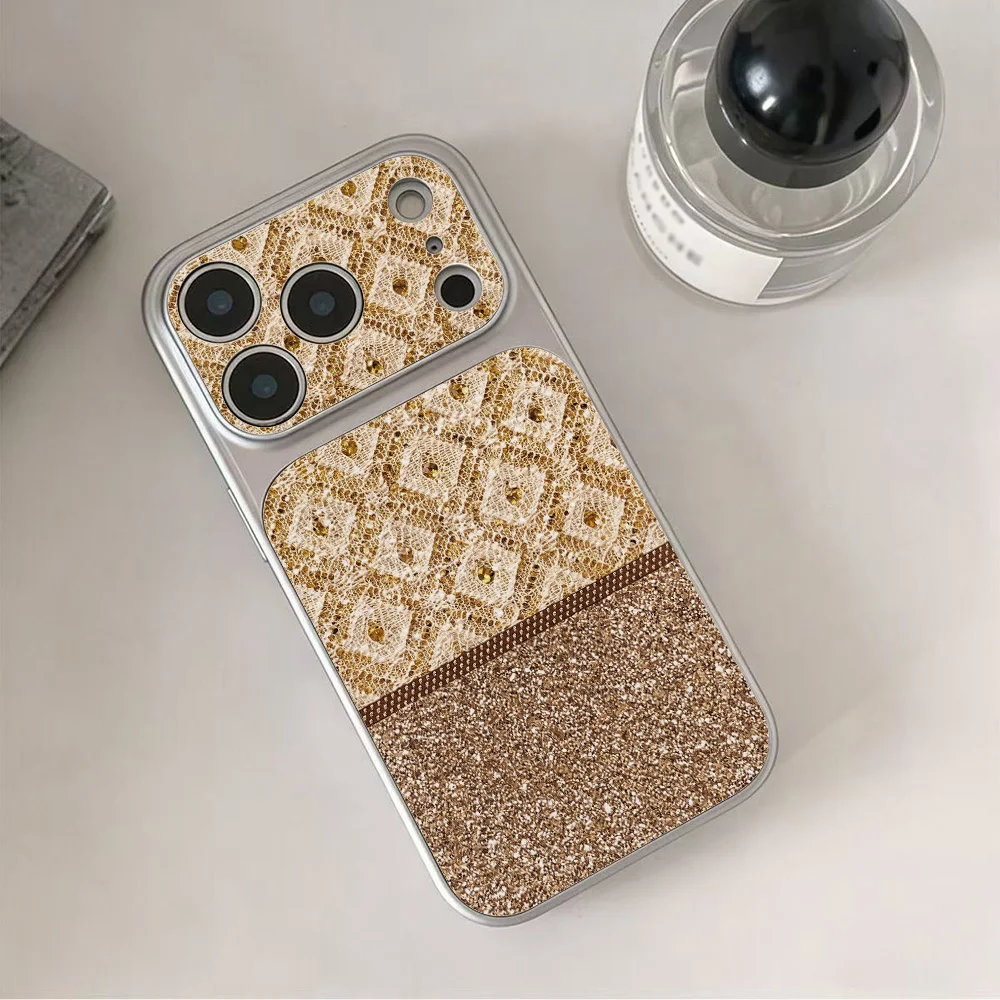 Gold Lace With Glitter Accents Pattern Phone Case For iPhone 18 Pro Max 17 15 Pro 16 14 13 Pro 12 11 Faux leather with lanyard view 4