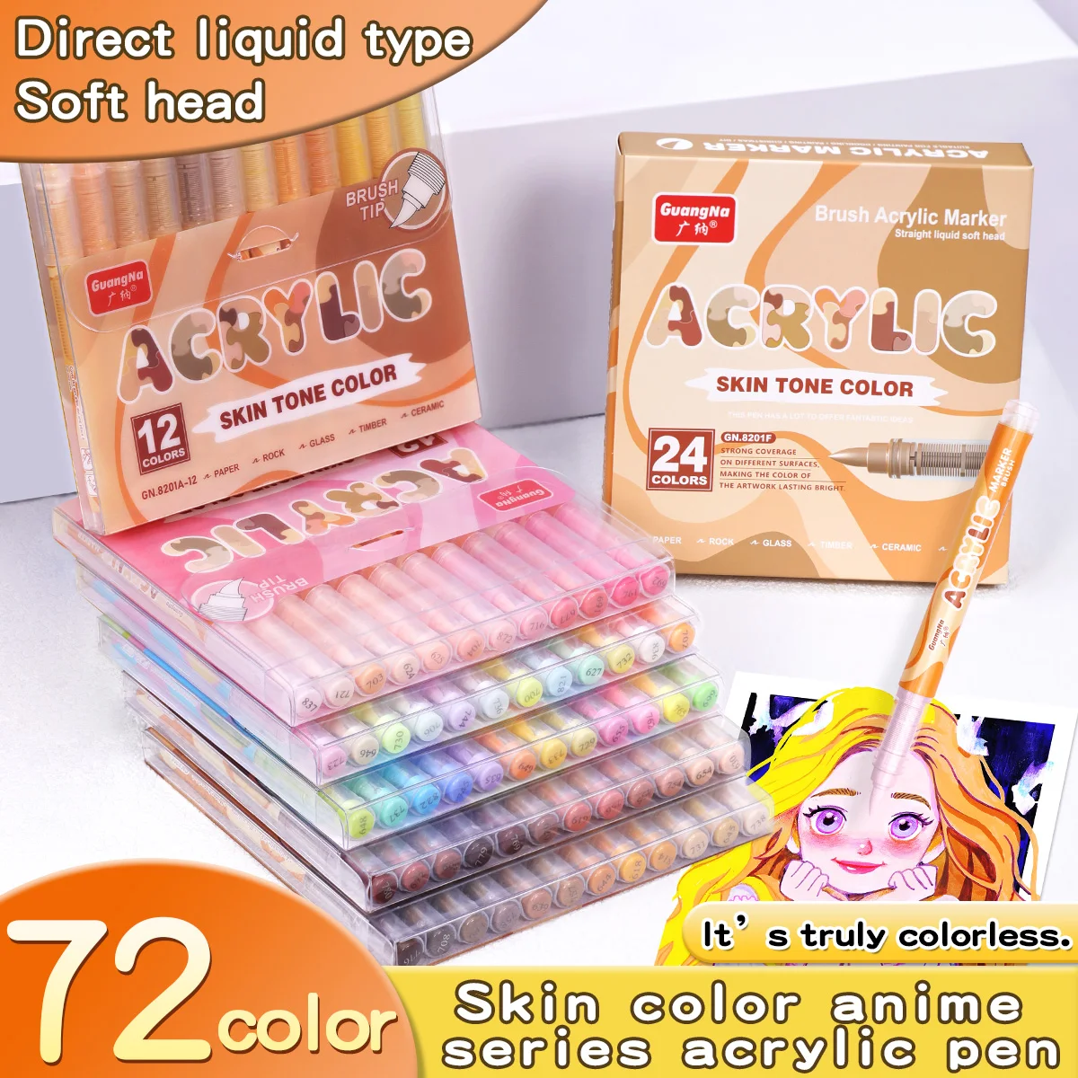 12pcs Brush Acrylic Marker Pens Set Skin Tone & Macaron Colors Direct Liquid Soft Head for Illustration Drawing Painting A3098