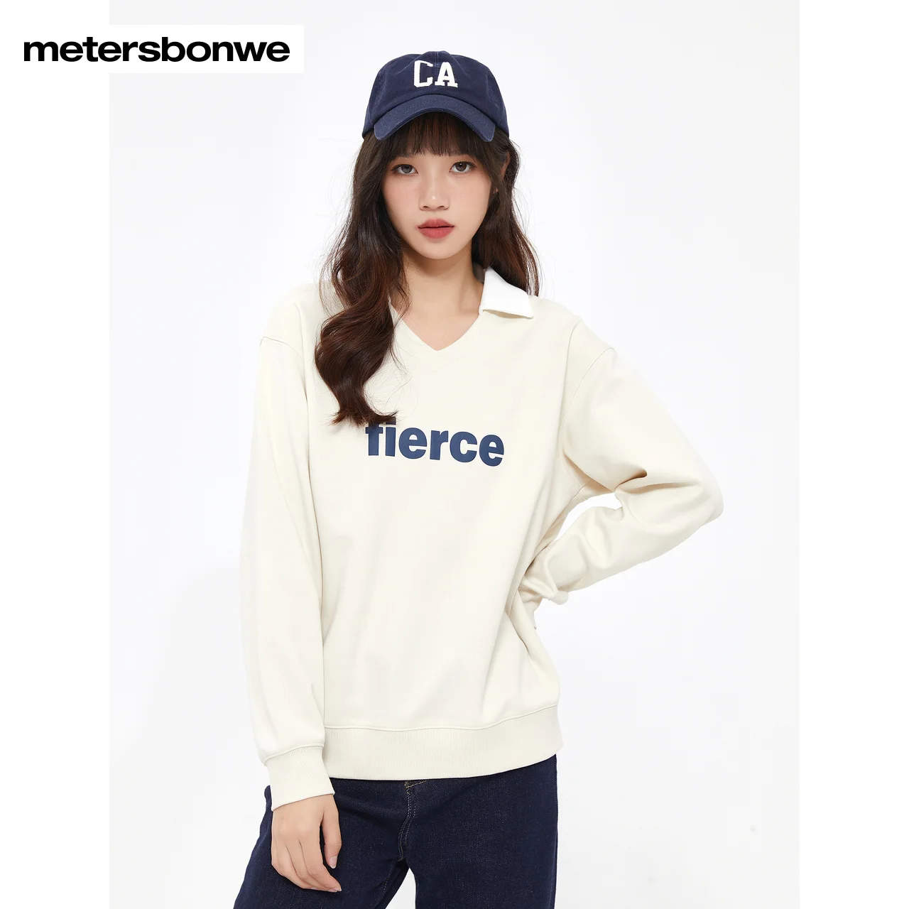 Metersbonwe-Damen Strick pullover V-Ausschnitt Farbe Clash Print Revers Sweatshirt Campus Student Jugend Frühling Herbst