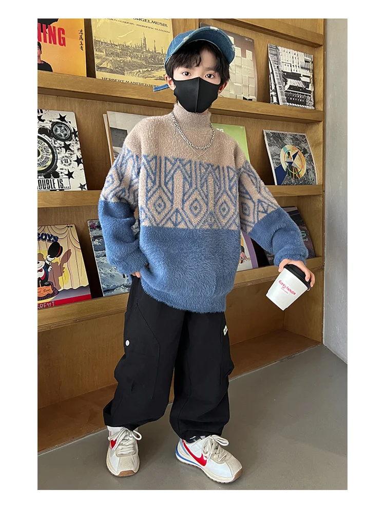 Frühlingsmode Jungen Nerzpullover für 5-14-Jährige Kinder Geometrische Strickwaren Eleganter Halbrollkragen Gestrickte Kleidung – Detail 6