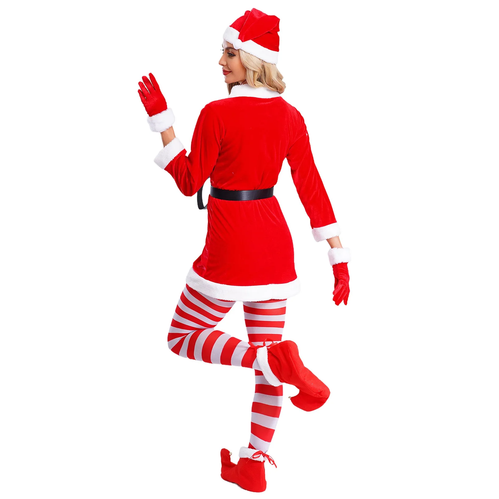 ملابس نسائية السيدة سانتا كلوز فستان بقلنسوة + حزام خصر + جوارب مخططة + قبعة + أحذية 5 قطع فستان حفلات عيد الميلاد وعيد الميلاد