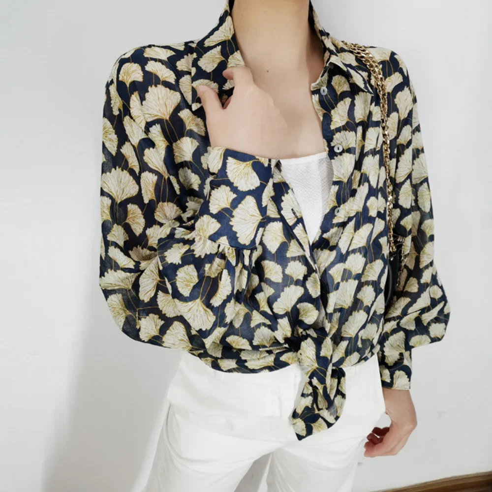 

2024 Spring Women Tops Retro Casual Ginkgo Leaf Print Mulberry Silk Cotton Lantern Sleeve Loose Button Shirt