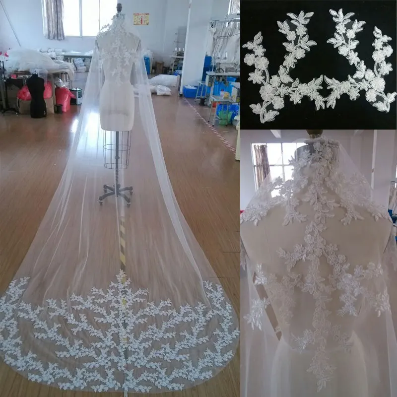 

White Ivory 4 Meters Long Edge Lace Wedding Veil One Layer Tulle Bridal Veil with Comb Wedding Accessories Veu Velo Noiva