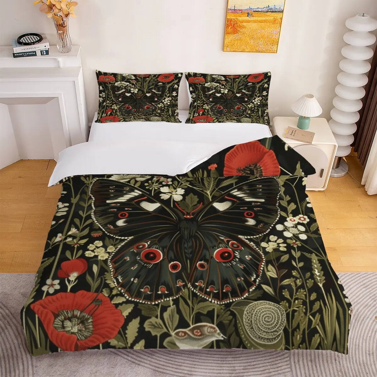 Black butterfly  Down comforter set large size  red flowers  Printed duvet cover 3-piece set with 2 pillowcases