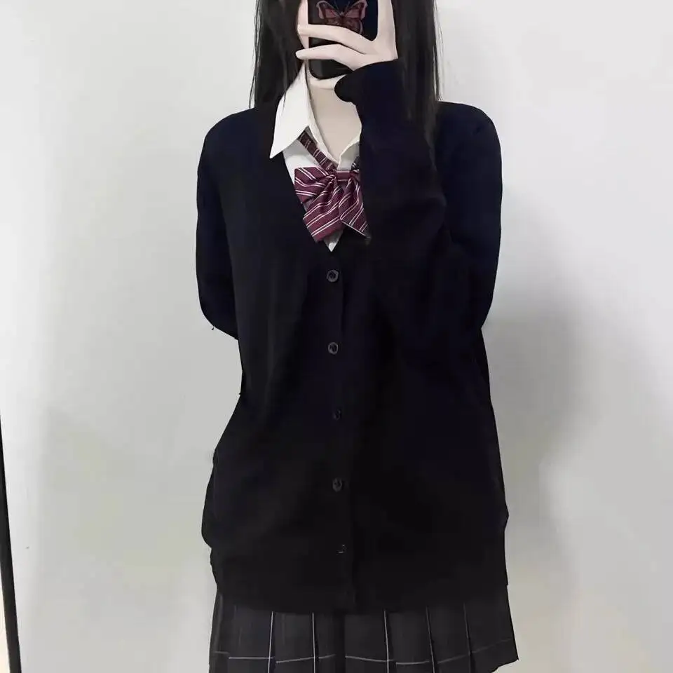 اليابانية بلون الخامس الرقبة محبوك سترة سترة المدارس الأصلي JK موحدة المرأة قميص قطني بكم طويل سترة فضفاضة
