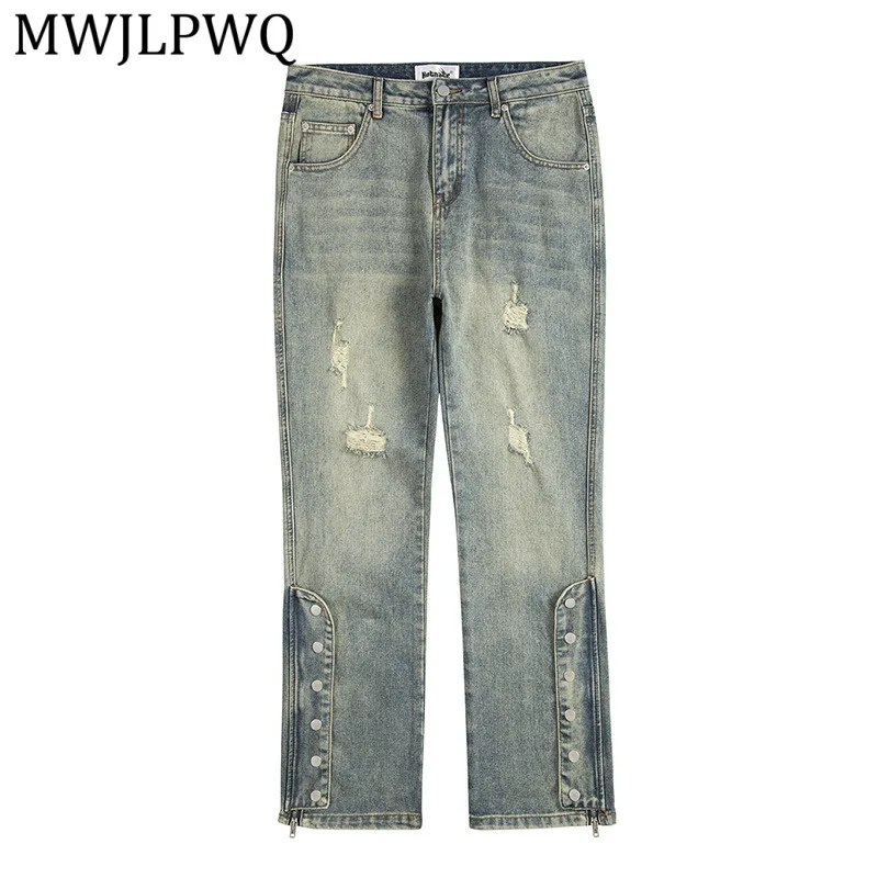 

MWJLPWQ 2026 New High Street Trendy Ripped Zipper Jeans For Men Spliced Button Fashionable Loose Vintage Washed Long Pants 13951