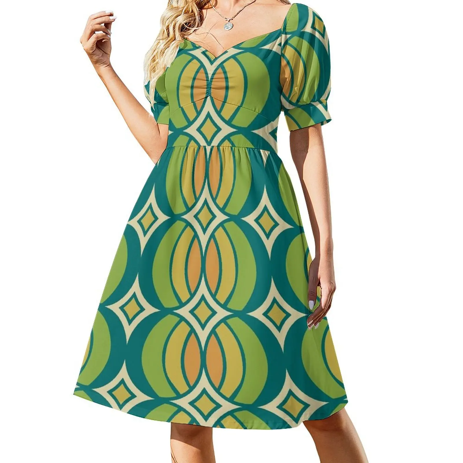 

Retro Geometric Globe Pattern 540 Short Sleeved Dress summer dresses Women's evening dress Dress