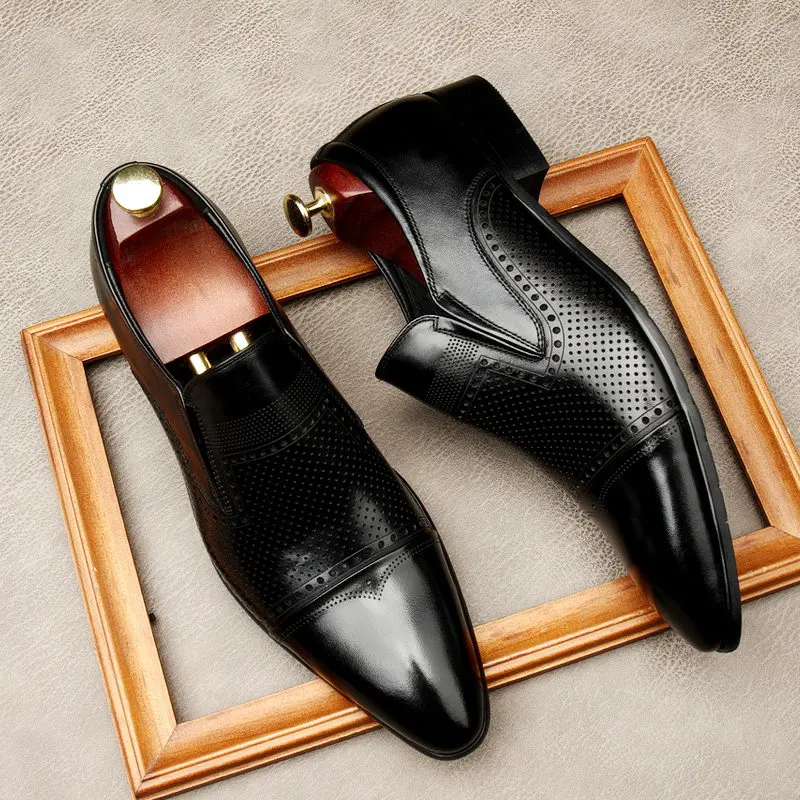 Breathable Mens Business Loafers Slip on 2026 Autumn New Fashion Pointed Toe Genuine Leather Daily Fashion Dress Social Shoes