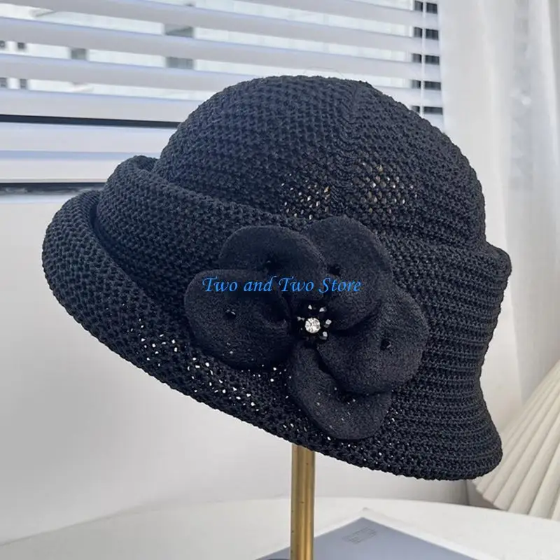 HX6F Openwork Bucket Hat with Flower Detail Cloche Cap for Sunny Day Outings