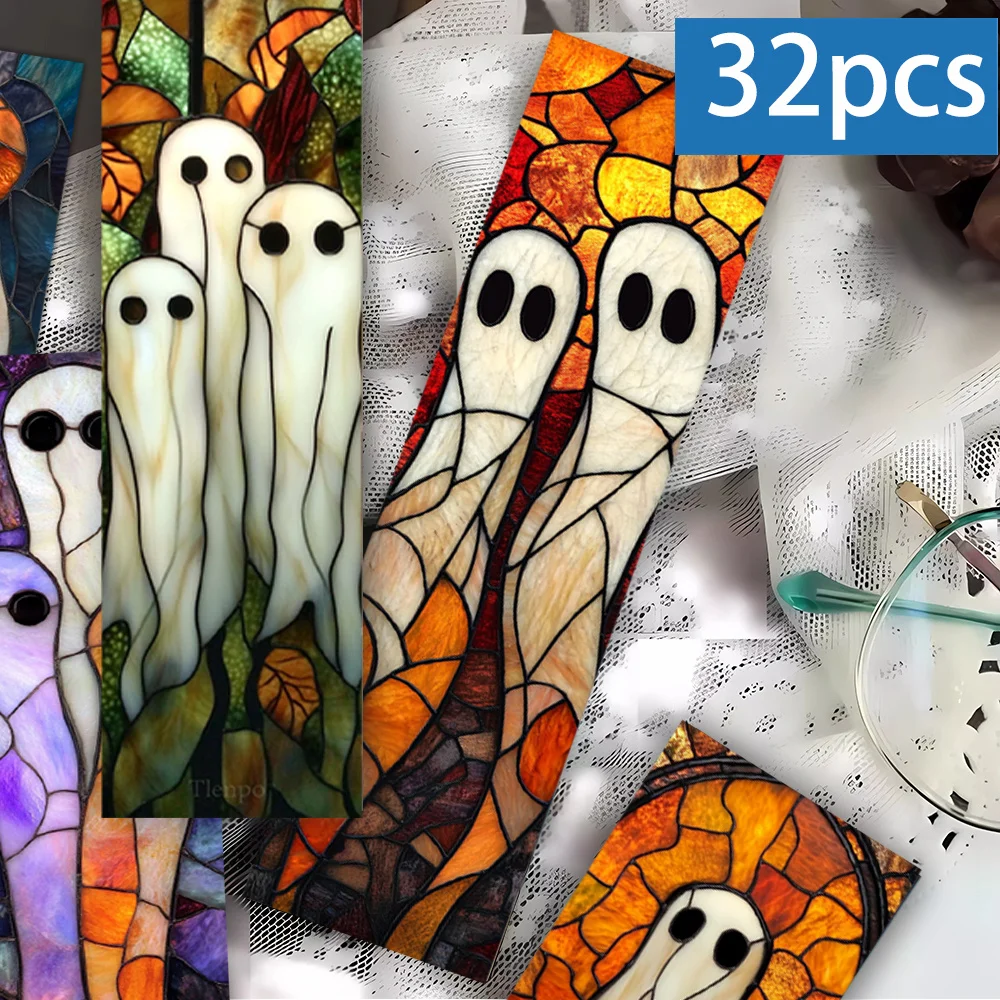 32pcs, Halloween Bookmarks, Stained Glass Ghost Window, Page Marker And Journal Divider For Book Lovers And Students