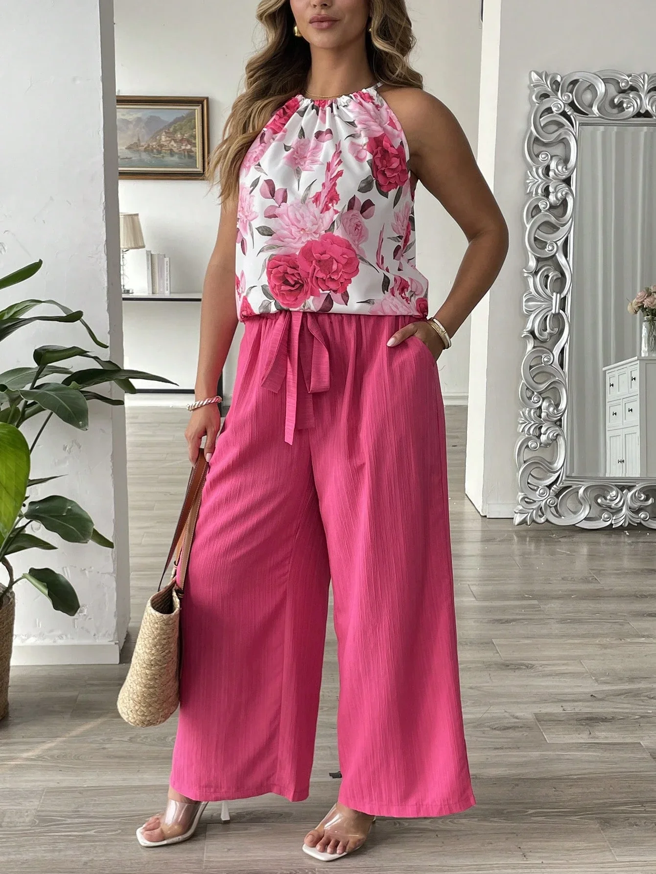 

Elegant Floral Halter Top And Wide Leg Pants Set Spring Summer Casual