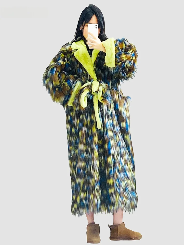 Nerazzurri  Fur Coat Women's Design Sense Belted Loose Fluffy Fur Outerwear Korean Style V-neck Mid-length Winter Coat