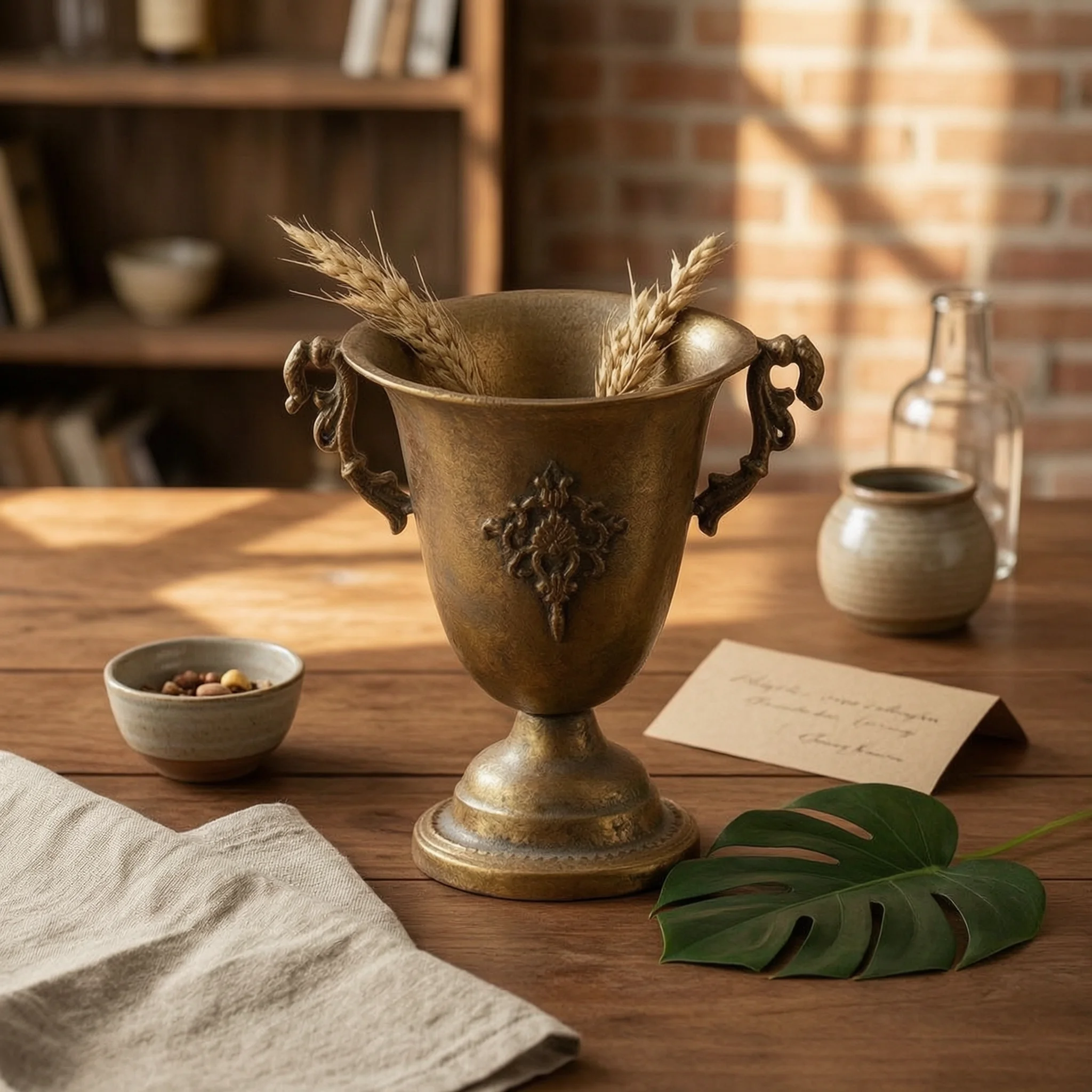 Urne antique en bronze doré, finition ornementée, avec poignée, forme évasée, pour décoration intérieure ou centre de table