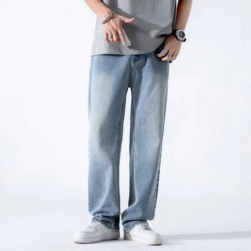 

Spring Summer Men's Jeans Straight Denim Pants Elastic Waist Cotton Streetwear Male Wide Baggy Casual Blue Trousers