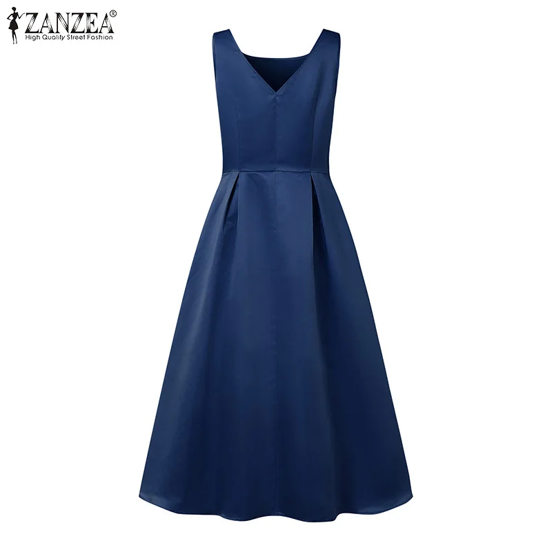 여성 스타일리시 파티 드레스 2025 ZANZEA 우아한 여름 새틴 드레스 민소매 A라인 워크 베스티도스 하이웨이스트 솔리드 OL 선드레스