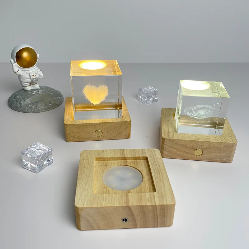 Table Lamp Base, Mood Light, Wood Square USB Rechargeable for Crystal Display Stand Bedroom Nightstand Living Room Decor Gift