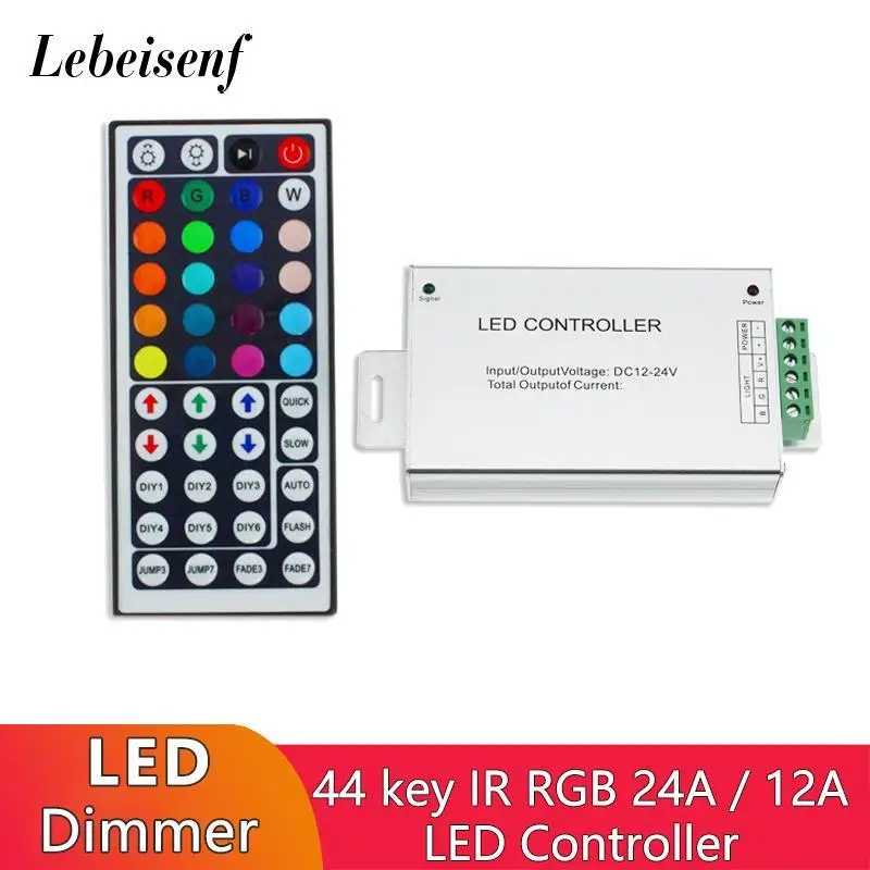 RGB Controller 44 Keys IR Remote Control 12A Aluminum Housing Dimmer DC 12V 24V 3 Channels for 5050 2835 LED Color Light Strip