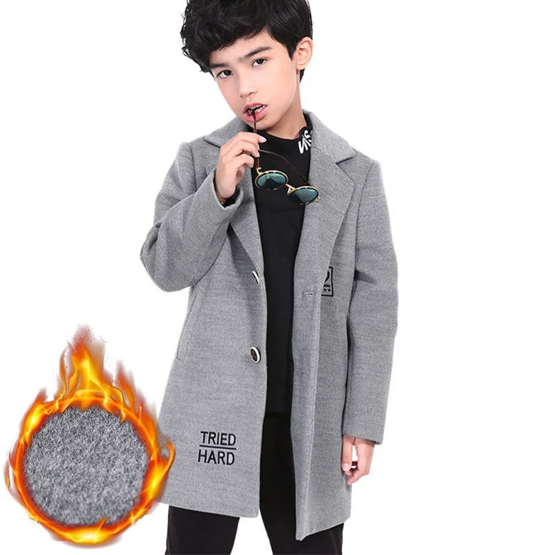 Boys Woolen Coat Overcoat Jacket Windbreak 2024 Stylish Warm Plus Thicken Autumn Winter Cotton School Children's Clothing